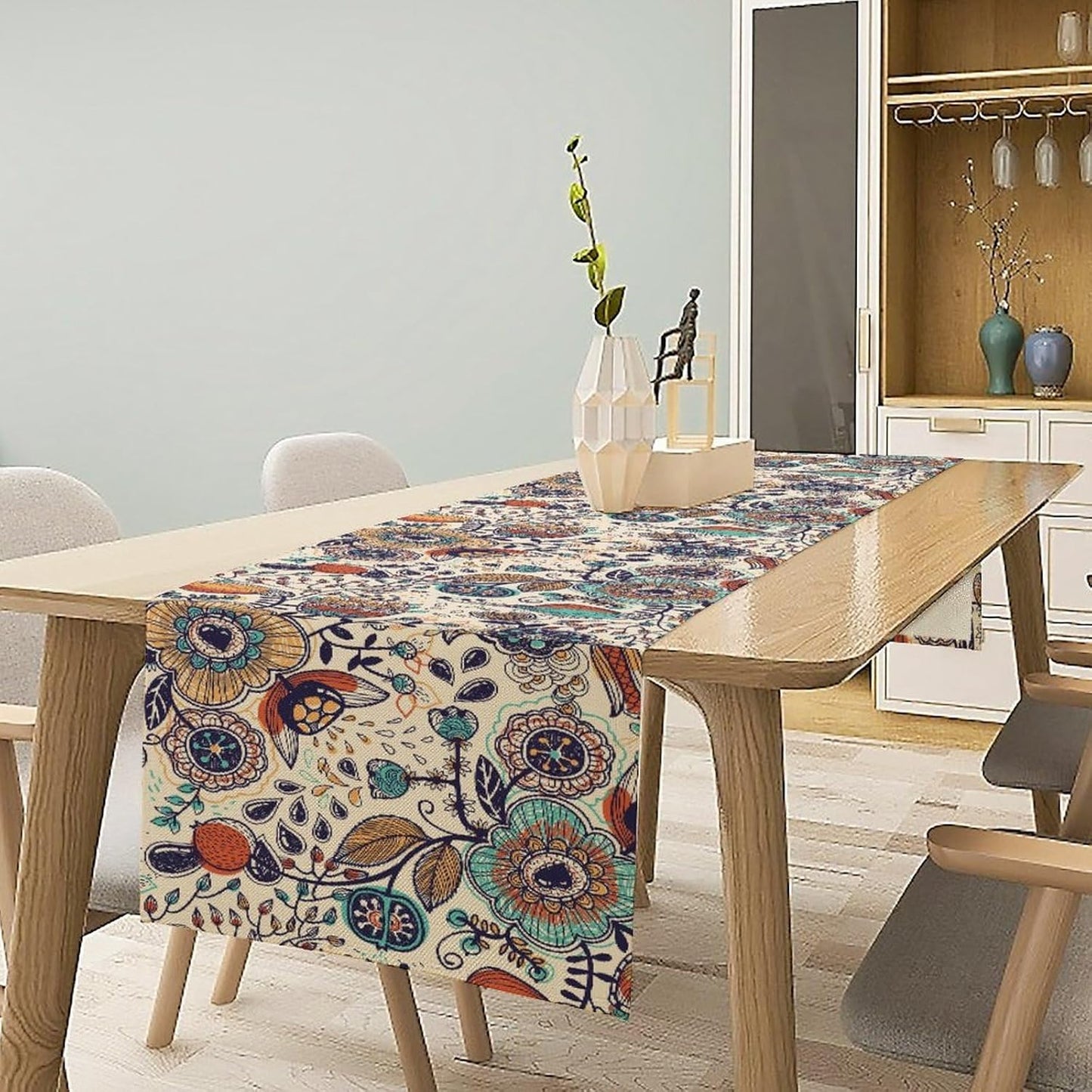 Boho Floral Table Runner,Vintage Flowers Tropical Plants Country Style Table Cloth Kitchen Dining Table Home Party Decoration 13x120 Inch