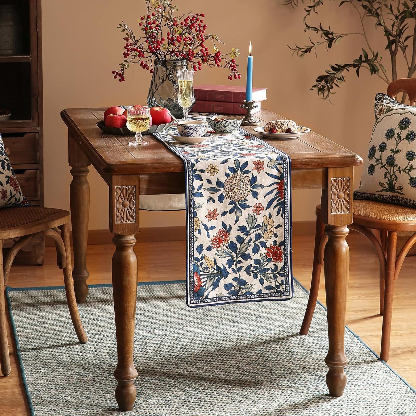 patdrea Designer Blue Cottage Rustic Floral Patterned Linen Table Runner 87 Inch Long,Wrinkle Resistant Table Mat,Decoration for Kitchen Dining and Coffee Tables Banquet Christmas , 12"x87"