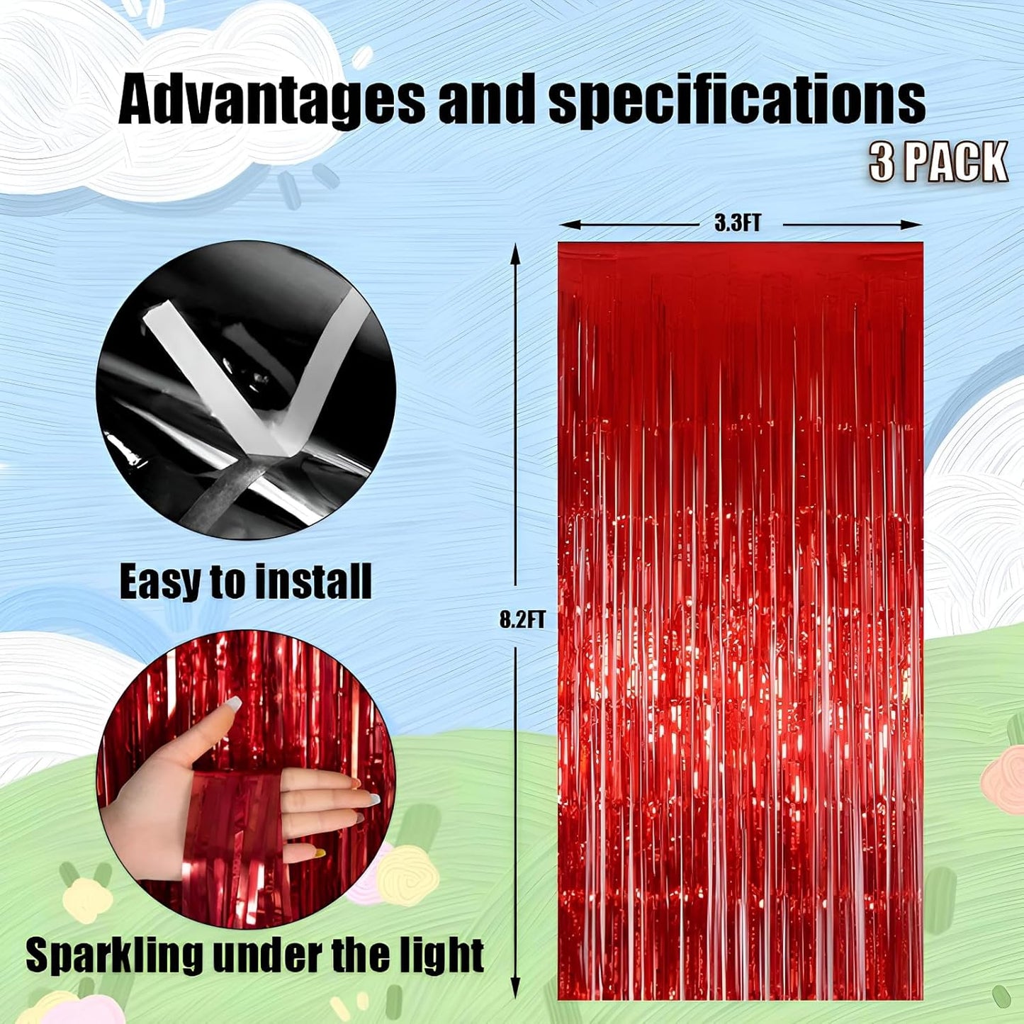 Keyali 3 Pack 3.3 * 8.3 ft Foil Curtain Metallic Tinsel Fringe Curtains Photo Booth Props Backdrop for Birthday Wedding Engagement Baby Shower Christmas Holiday Celebration Partyl,Red