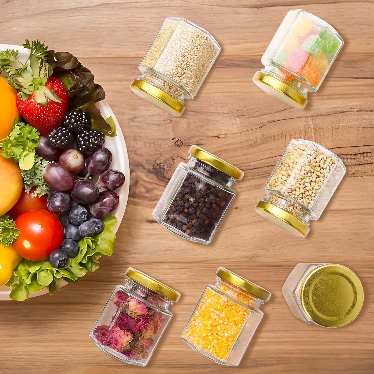 Small Glass Honey Jars with Lids 3oz,40 pack Airtight Glass Canning Jars with Gold Lids,Hexagon Glass Jars for Spice,Jam,Foods,Liquid,Baby Shower Favors,Wedding Favors,40 Labels