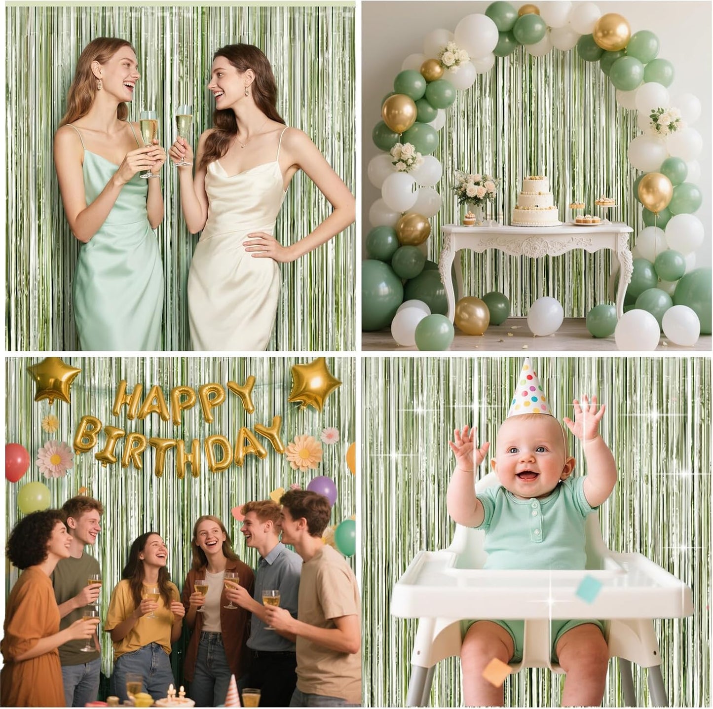 4 Packs Sage Green Foil Fringe Curtain, Light Green Glitter Metallic Tinsel Backdrop for Boho Birthday Wedding Bridal Baby Shower Engagement Martini Party Decorations Supplies