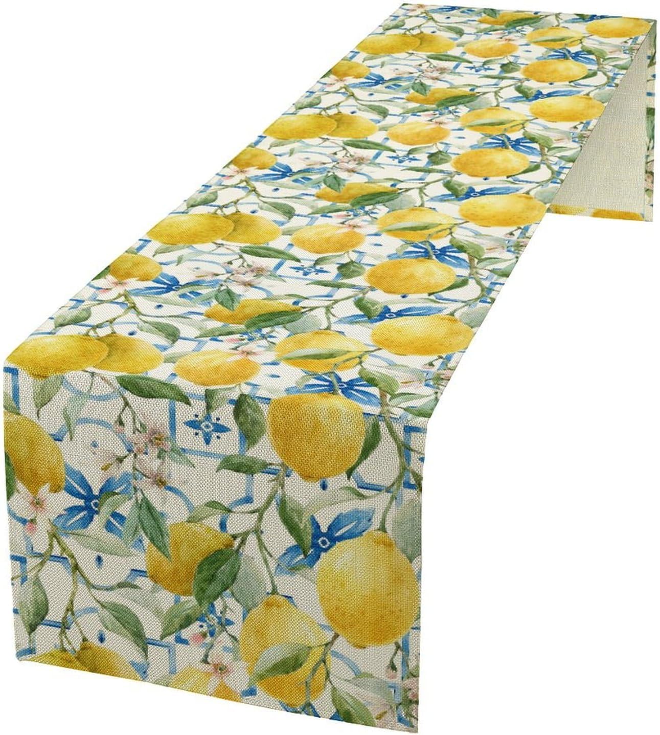 Lemon Table Runner,Watercolor Fruit Green Leaves Spring Summer Table Cloth Kitchen Dining Table Home Party Decoration 13x120 Inch