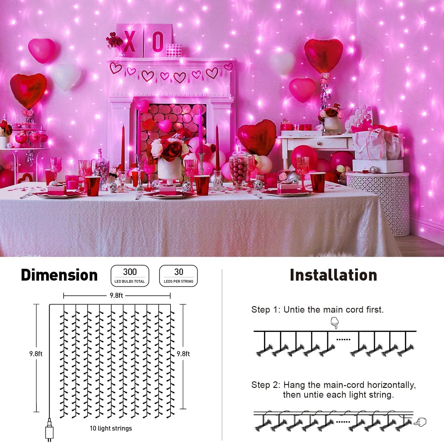 JMEXSUSS 300 LED Curtain Lights Plug in with Remote, 9.8X9.8FT Pink Christmas Lights Indoor, 8 Modes Pink String Lights for Bedroom Window Wall Party Backdrop Xmas Valentine Decorations