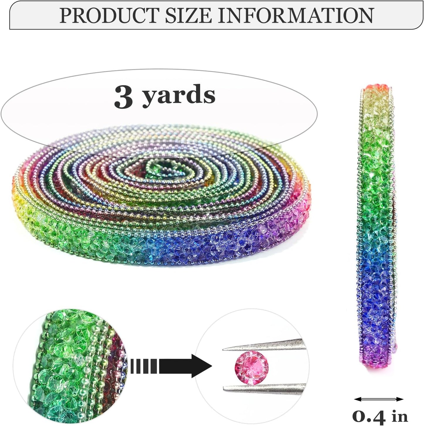Rhinestone Ribbon 3 Yards Self Adhesive Rhinestone Strips Diamond Ribbon Sticker Crystal Roll Glitter Bling Rhinestones Tape for Crafting DIY Art Decoration (Rainbow,0.4 Inch)