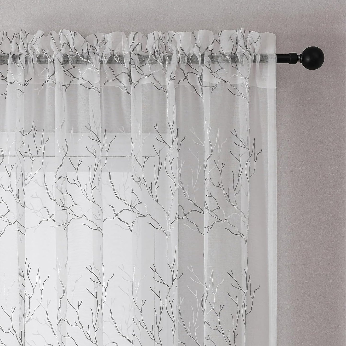 VISIONTEX Sheer Curtains 63 inch Length 2 Panels Set, Decorative Grey Coral Embroidery, Rod Pocket Embroidered Window Drapes for Living Room and Bedroom, 54" x 63"