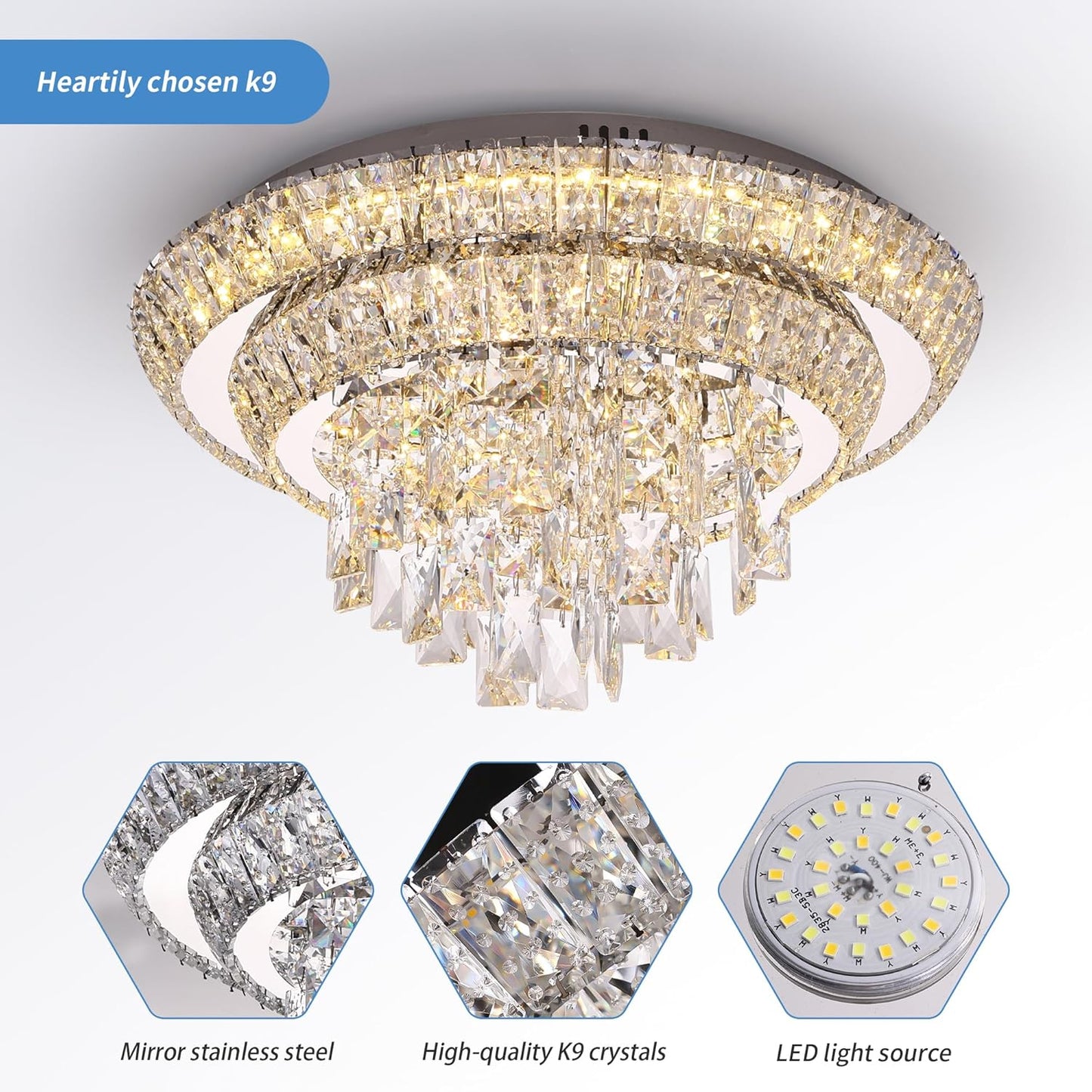 18 inch Crystal Silver Ceiling-Light Flush Mount with Remote Control and APP, 3CCT Dimmable & Brightness Adjustable, Modern Crystal Raindrop Chandeliers for Bedroom Hallway Dinning Room Living Room