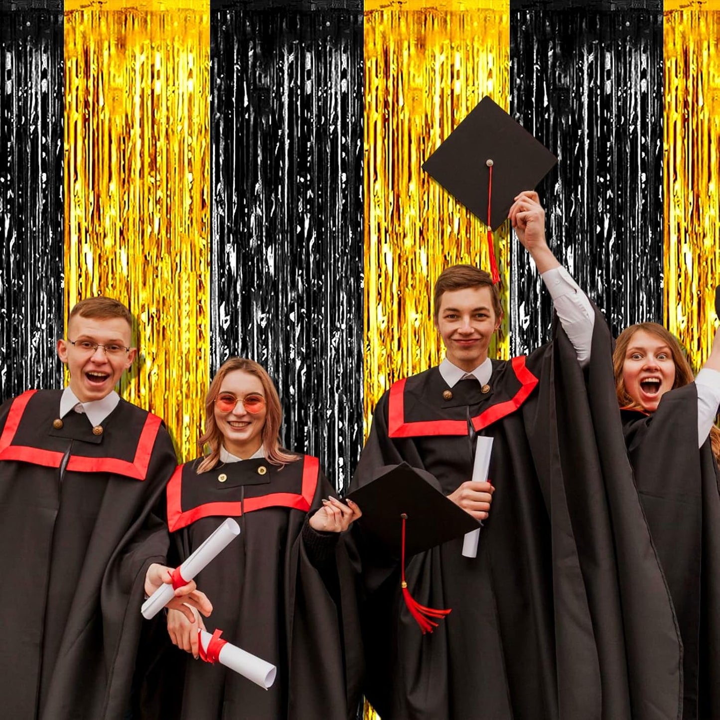 4 Pack Black Gold Foil Fringe Curtain Backdrop, 3.28Ft x 9.8Ft Metallic Tinsel Foil Fringe Streamers Curtains for Photo Booth, Wedding, Graduation, Birthday, Carnival Party Decoration