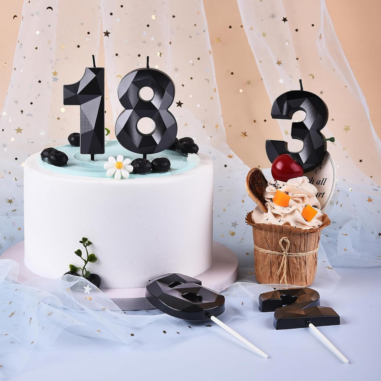 PHD CAKE 2.76 Inch Crystal Black 2 Number Birthday Candles, Black Number Candles, Cake Number Candles, Party Celebration