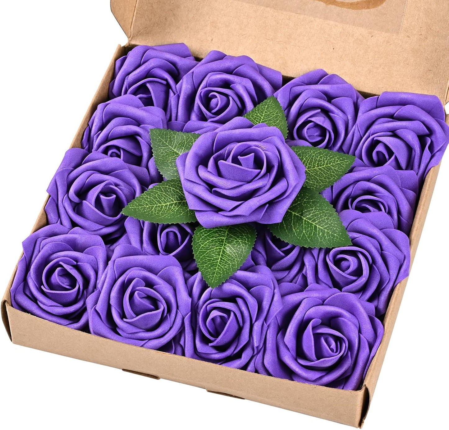 BLEUM CADE 16Pcs Artificial Flowers Fake Roses with Stems, Deep Purple Boxed Foam Roses for DIY Bouquets Centerpieces Wedding Party Arrangement Bridal Shower Decor