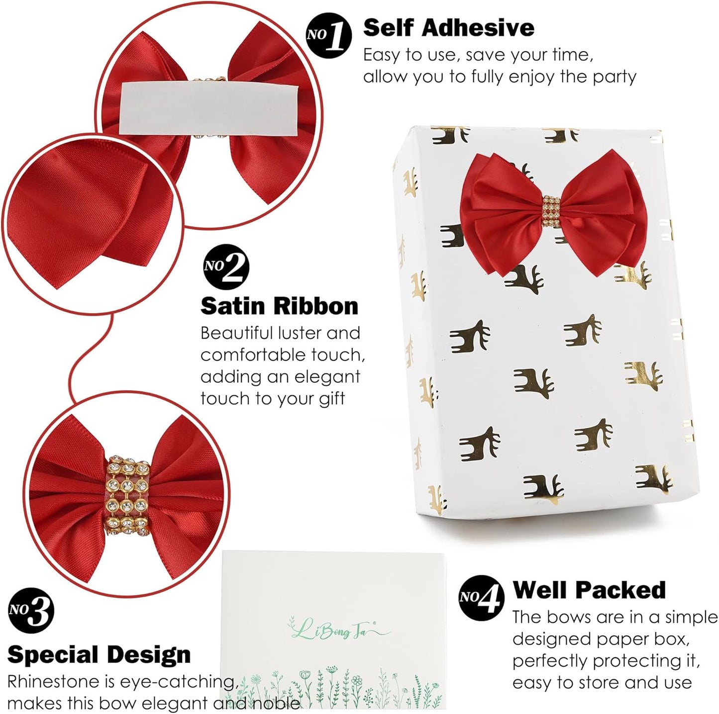 Red Bows 4'' Premade Satin Ribbon Bow, Red Gift Bows with Rhinestone, Wrapping Bows for Presents, Greeting Cards, Treat Bags, Wine Bottles, Valentines Bows for Gift Wrapping-12 Counts