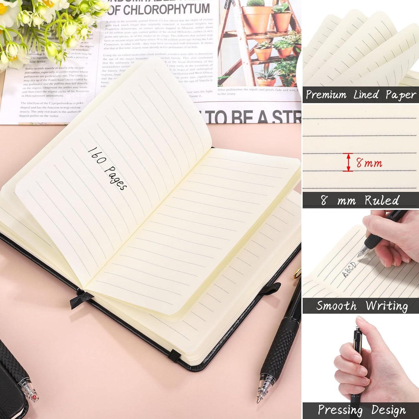 Aodaer 50 Sets Pocket Notebook Journal with Pens, 160 Pages, 3.5 x 5.5 Inch Mini Lined Journal Notebook A6 Leather Hardcover College Ruled Notepad with Pen Holder for School Office Gifts, Black