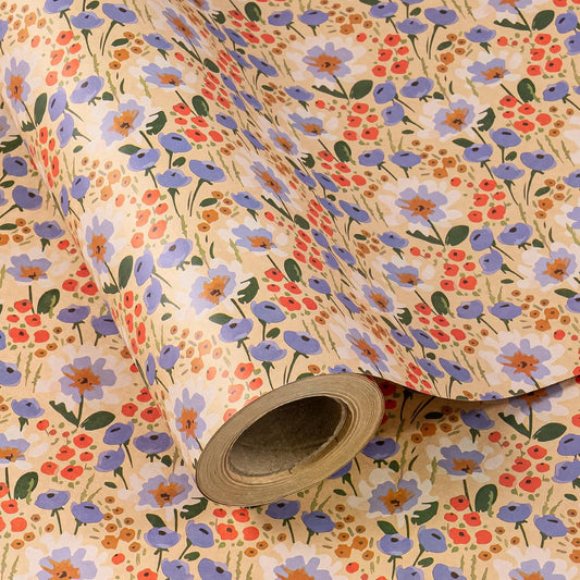 WRAPAHOLIC Kraft Floral Wrapping Paper Roll - Mini Roll - 17 Inch x 9.8 Feet - Watercolor Flower Wrapping Paper, Perfect for Wedding, Birthday, Bridal Shower, Tea Party