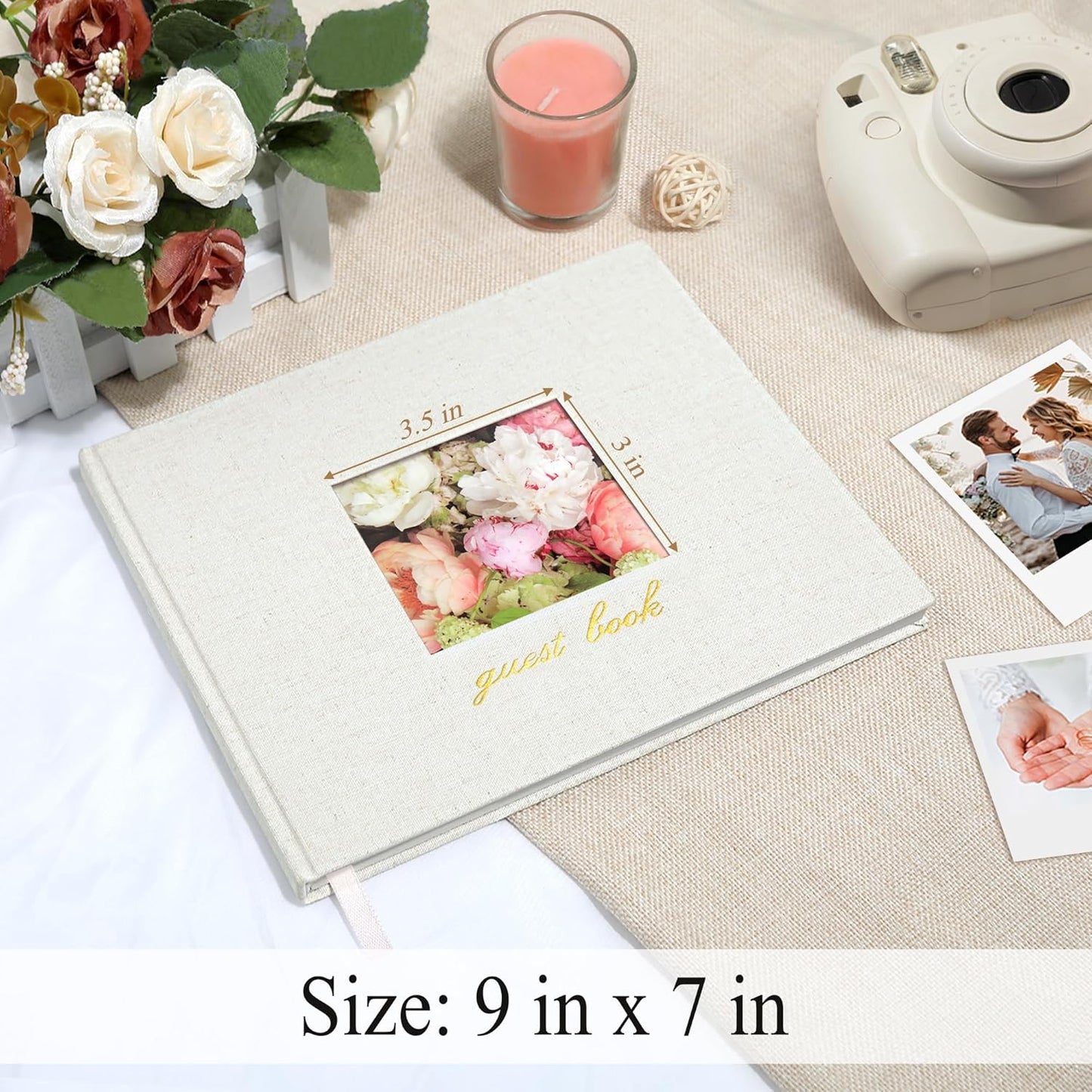 SUNEE Wedding Guest Book - Polaroid Guest Book Weddings Reception, Linen Cover 7" x 9" Guest Book for Baby Shower, Birthdays and Special Events, 100 Blank Pages for Wedding Sign in and Photos, Beige