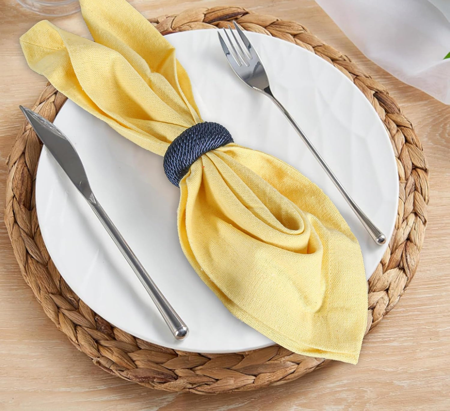 Rustic Napkin Rings Set of 12 - Rayon Napkin Holders for Table Decor, Weddings, Dinner Parties & Everyday Dining - Farmhouse Boho Napkin Rings (Blue) - CLEENTABLE