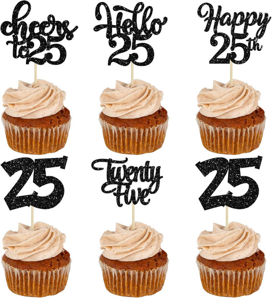 30pcs 25th Birthday Cupcake Toppers - 25th Anniversary Cake Decorations with Black Glitter