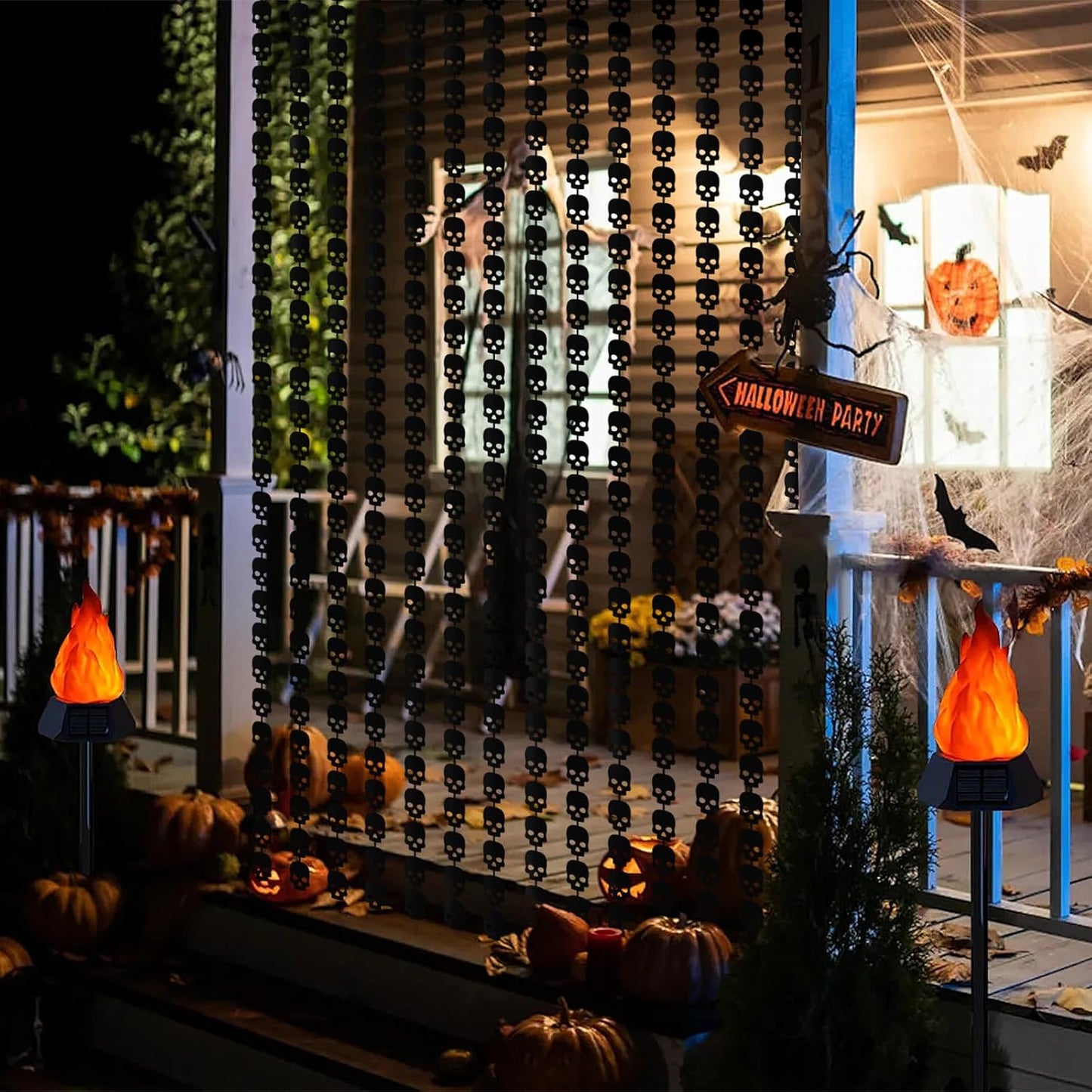 CANREVEL 2 Pack 3.2x6.5 Feet Halloween Foil Fringe Backdrop Curtains, Black Skull Tinsel Streamers Party Decorations, Fringe Backdrop for Wall Door Indoor Outdoor Decorations