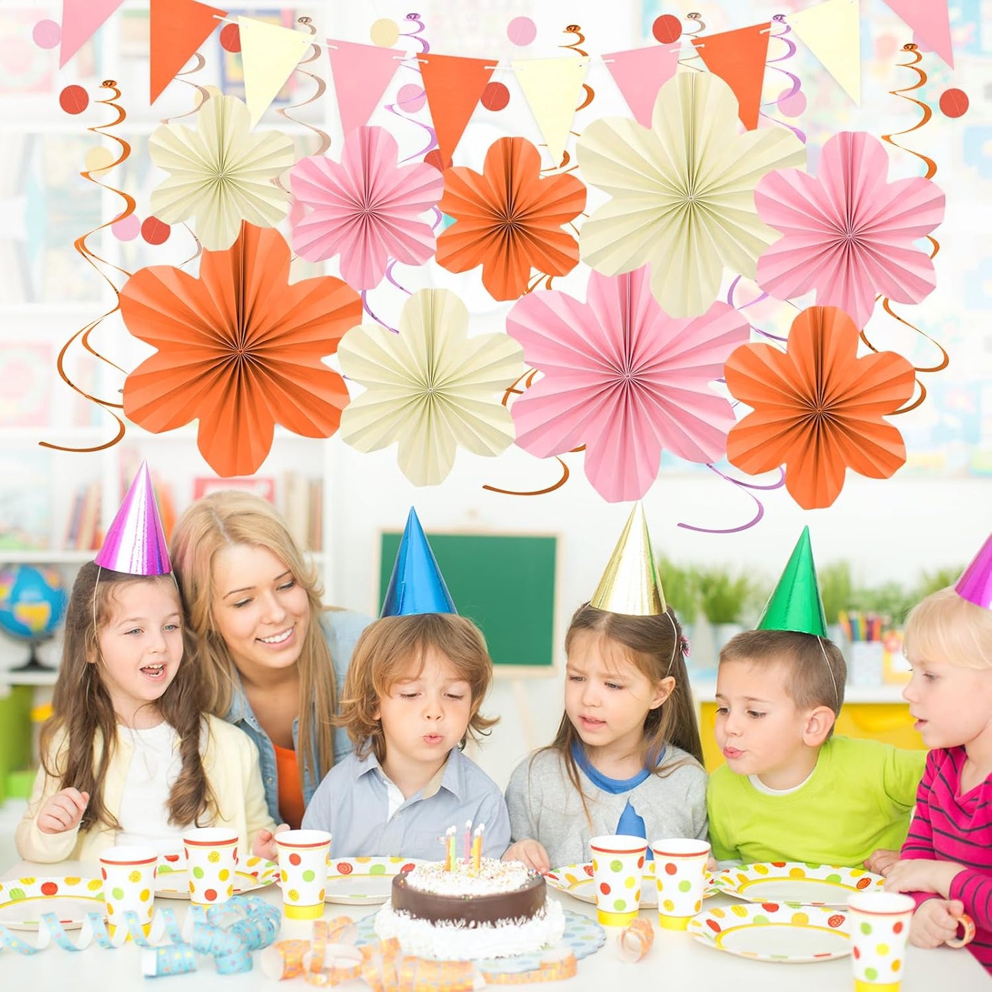 Pink and Orange Party Decorations - Orange Birthday Decoration for Women Girls with Hanging Paper Flowers, Tassel Garland and Swirls, Baby Showers Bachelorette Party Supplies Classroom Decor