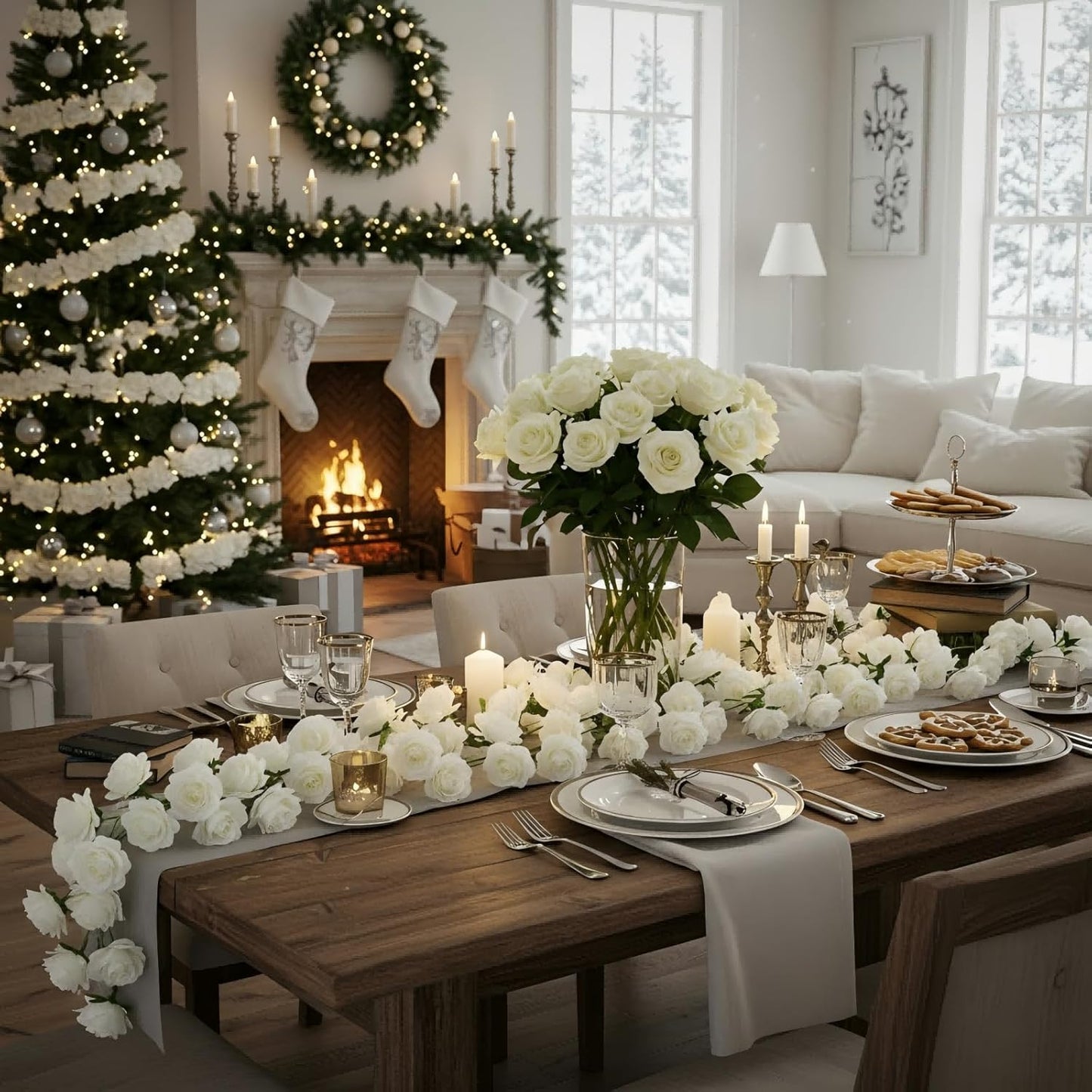 4 Pcs White Artificial Rose Vine Hanging Fake Flowers Garland for Wedding Anniversary Birthday Party Background Arch Garden Home Wall Room Decor