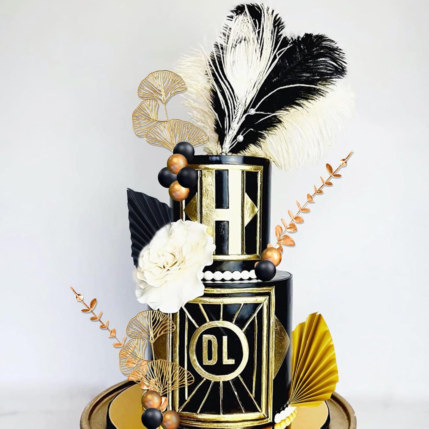Boho Cake Topper Man Cake Toppers Happy Birthday Cake Topper Black Gold Balls Cake Decorations for Roaring 20s Cake Decoration Wedding Baby Shower Party Decoration