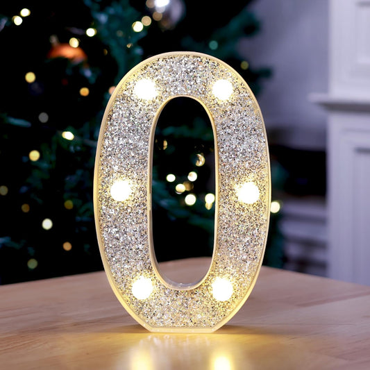Marquee Light Up Letters, Glitter Silver LED Letter Lights Battery Powered Alphabet Letter Sign for Night Light Wedding Birthday Party Cafe Bar Decoration Girls Room Decor - Number 0