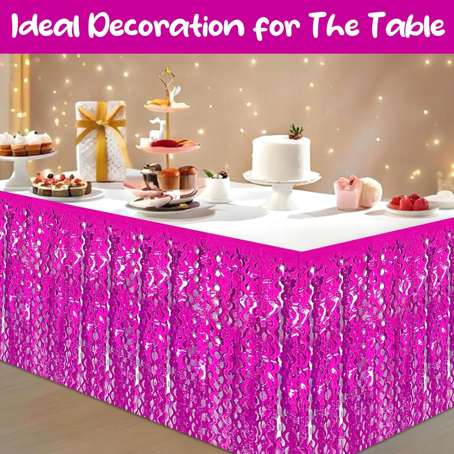 6Pack 29 x108 Inch Rose Red Wave Foil Fringe Table Skirts Metallic Banner for Tinsel Streamer Garland Backdrop for Parade Floats, Mother's Day, Easter, Graduate, Birthday, Wedding Party Decoration