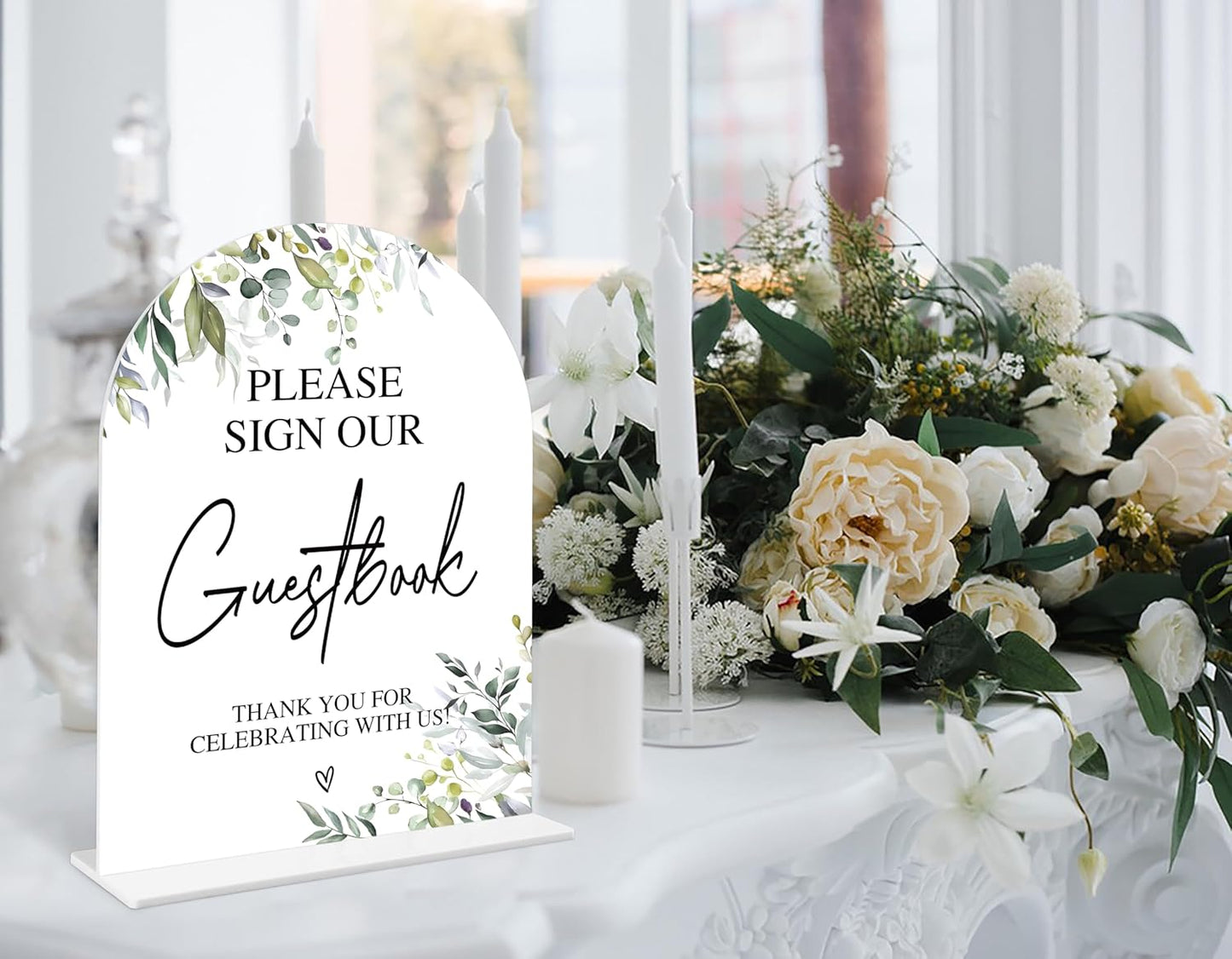 Greenery Please Sign Our Guestbook Sign, 6 x 8 Inch White Arch Acrylic Wedding Sign with Holder, Wedding Sign for Ceremony and Reception, Wedding Decoration, Wedding Supplies - LY02