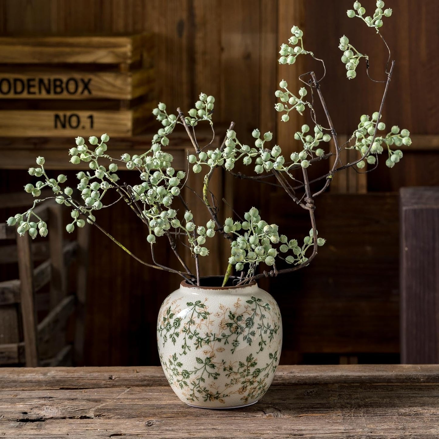 Vintage Green and Beige Round Pastoral Vase, Round Ceramic Floral Vases, Retro Ice Cracked Chinoiserie Vase for Home Decor, Living Room, Bookshelf, Office, Rustic Table Centerpiece 6.7 Inch