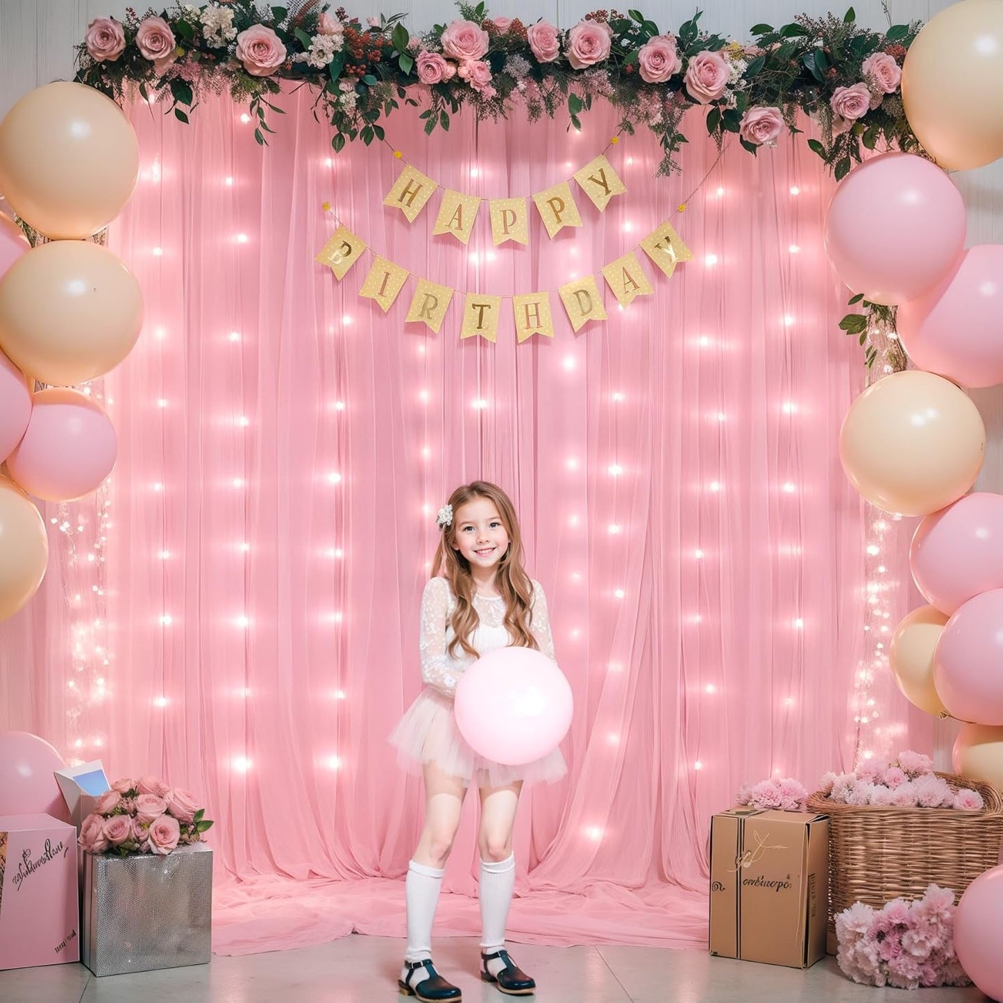 Sheer Backdrop Curtains with Lights String for Weddings Baby Showers, 10x8ft Sheer Tulle Photo Backdrop Curtains for Birthday Party Photography Background Decoration, Pink