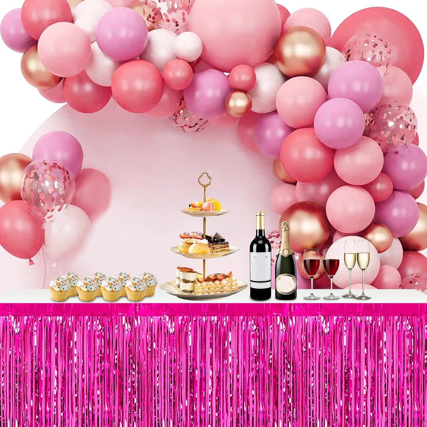 3 Pack 29x108 Inch Rose Red Foil Fringe Table Skirts Metallic Banner for Tinsel Streamer Garland Backdrop for Parade Floats Wedding Thanksgiving Birthday Christmas Halloween Party Decoration