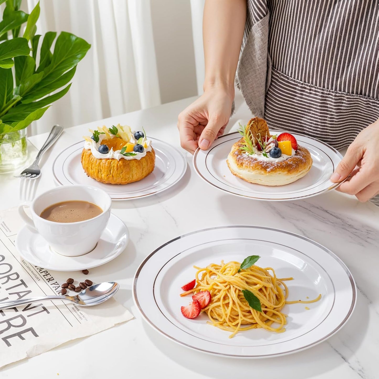 350Piece Silver Plastic Dinnerware Set for 50 Guests - Silver Plastic Plates with Cutlery Include:50Dinner Plates-50Dessert Plates-50Pre Rolled Napkins with Silverware for Christmas