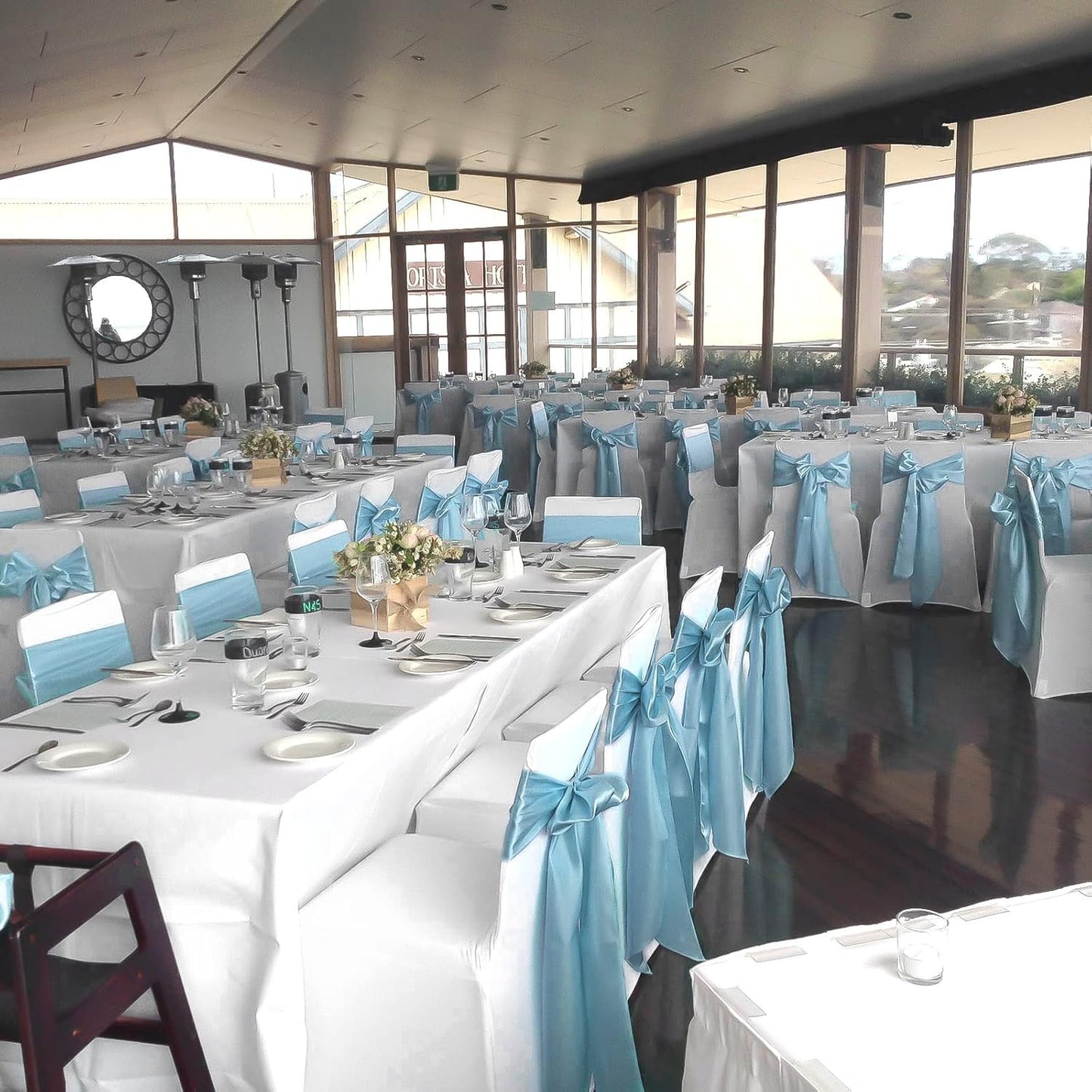 fani 60 PCS Baby Blue Satin Chair Sashes Bows Universal Chair Cover for Wedding Reception Restaurant Event Decoration Banquet,Party,Hotel Event Decorations (7 x 108 inch)