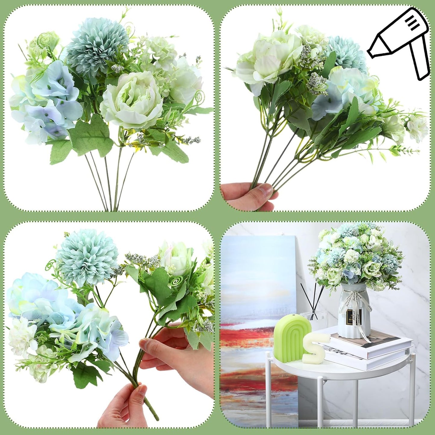Tigeen Artificial Flowers Artificial Peonies Silk Flowers Faux Peony Fake Peony Silk Hydrangea Bouquet for Wedding Table Centerpiece Floral Vase Decor(White Green,12 Bundles)
