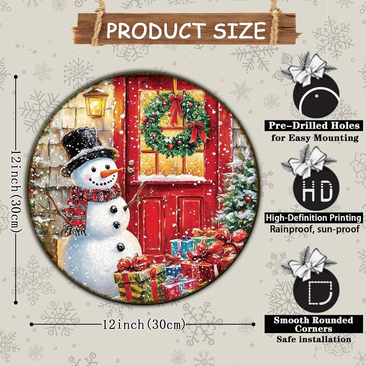 Round Wall Decor Christmas Metal Tin Sign Snowman Sign Rustic Wall Decor Wall Plaque Snowman Wreath Sign for Christmas Round Wreath Wall Decor Vintage Garage Yard Home Decor 12 * 12 in