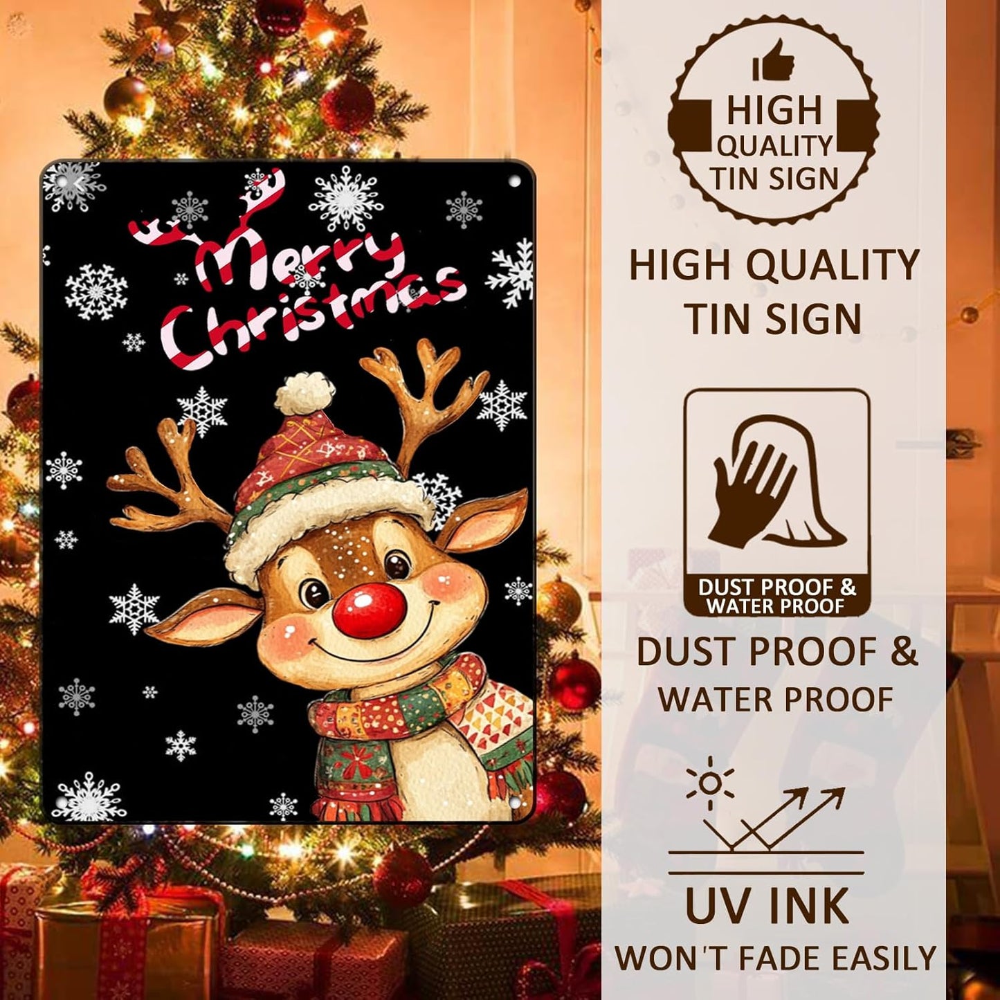 Merry Christmas Reindeer Metal Tin Sign - Funny Christmas House Decoration 12x16Inch for Outdoor and Indoor Use