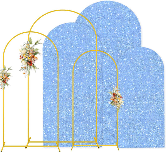 MODFUNS Arch Backdrop Stand with Cover 6&6.6&7.2ft Light Blue Sequins Arch Backdrop Cover Set of 3 Metal Arch Stand Double Sided Glitter Arch Covers for Wedding Ceremony Banquet Party Decoration