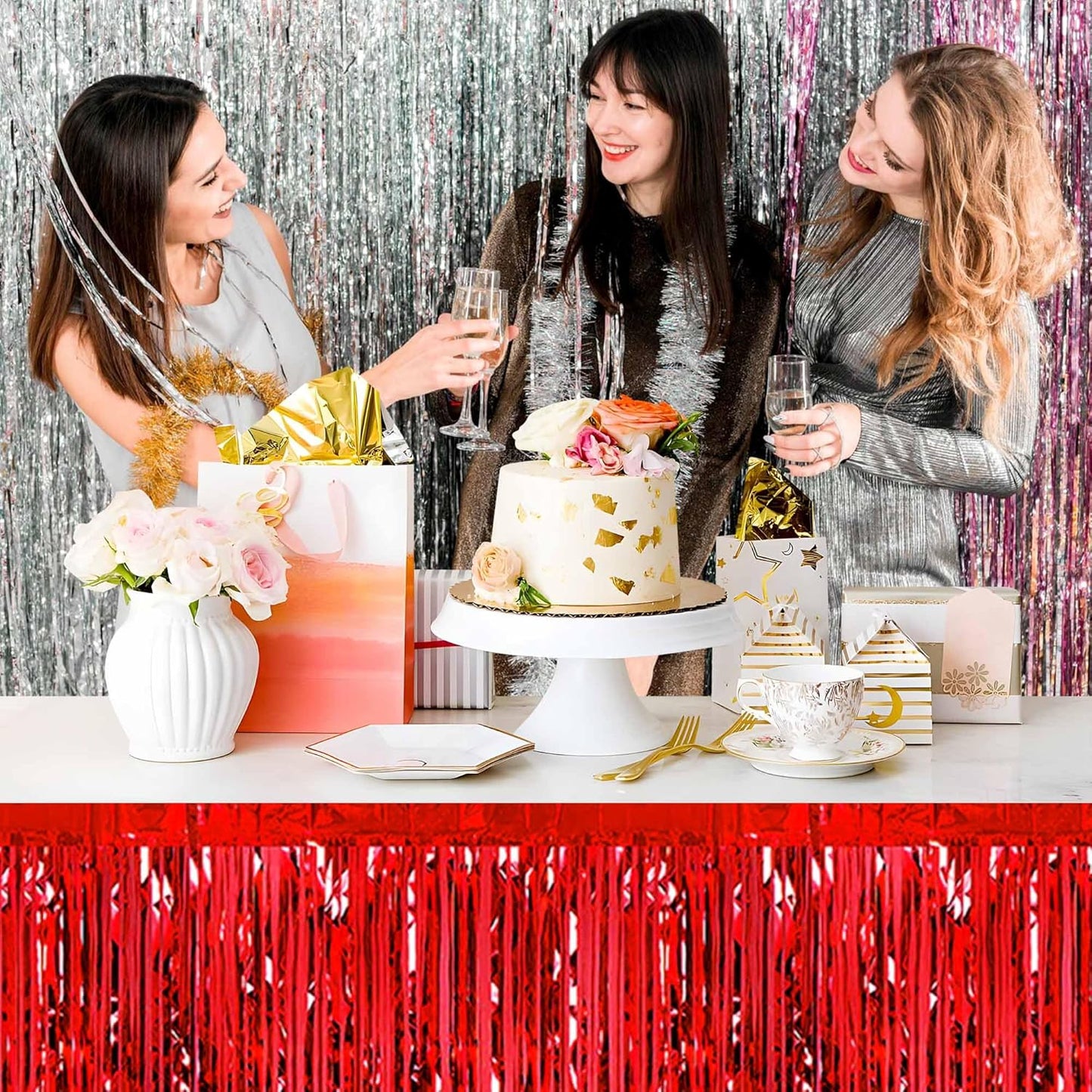 3 Pack 29 x108 Inch Red Foil Fringe Table Skirts Metallic Banner for Tinsel Streamer Garland Backdrop for Parade Floats Mother's Day, Graduate, Birthday, Wedding Party Decoration