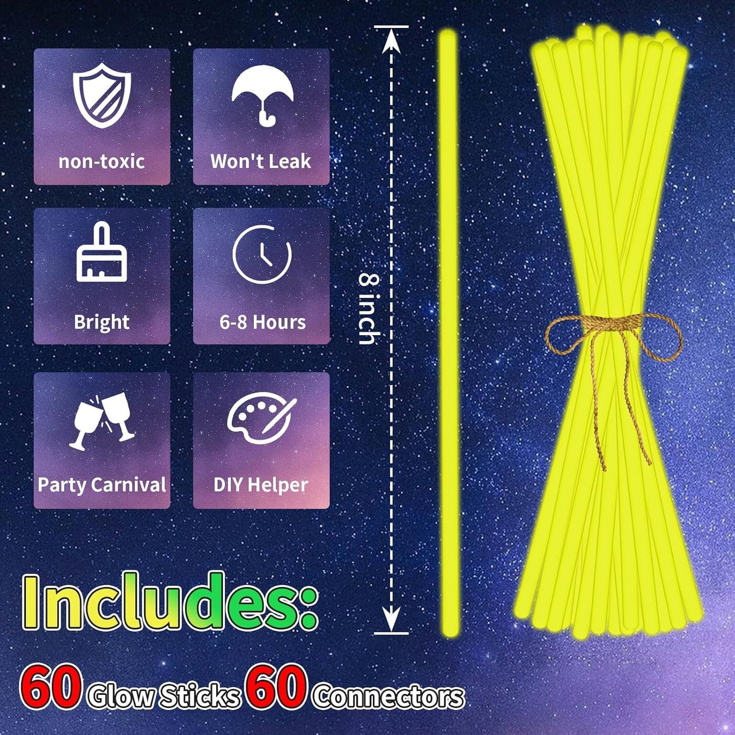 60 Pack 8” Yellow Glow Sticks Bulk with 60 Connectors Neon Glow In The Dark Party favors Supplies for Holiday Birthday Party Decoration (Yellow)