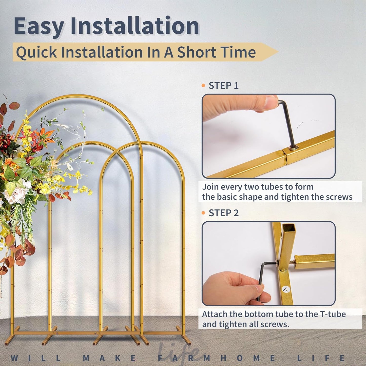 HPC Decor Metal Arch Backdrop Stand Set of 3-7.2FT,6FT,6FT Gold Wedding Arch Backdrop Stand- Square Arched Frame for Wedding Ceremony Baby Shower Birthday Party Garden Floral Balloon Arch Decoration