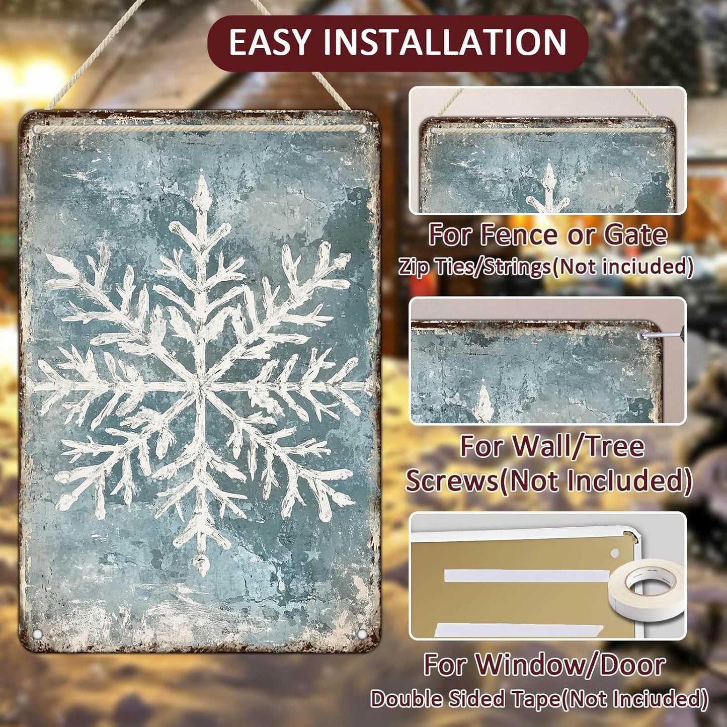 Vintage Christmas Tin Sign - Winter Snowflakes Metal Tin Sign - Wall Decor Sign for Outdoor Snowflake Christmas Decoration - 8x12Inch