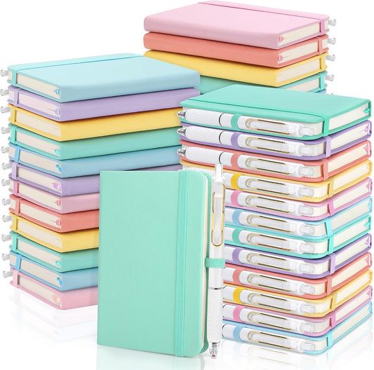 Aneco 50 Sets Pocket Notebook Journals with Pens, A6 Mini Hardcover PU Leather Lined Notebooks 3.5 x 5.5 Inch College Ruled Notepad With Pen Holder for Office School Supplies, Pastel Color