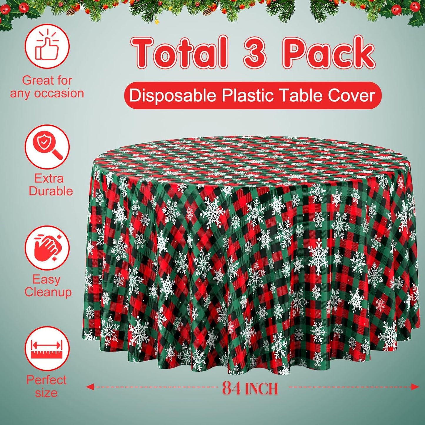 Jectivs 3Pcs Christmas Buffalo Plaid Snowflake Party Tablecloths Decorations,Plastic Red and Green Checkered Round Table Cover for Winter Christmas New Year Birthday Holiday Party Decorations,84 inch