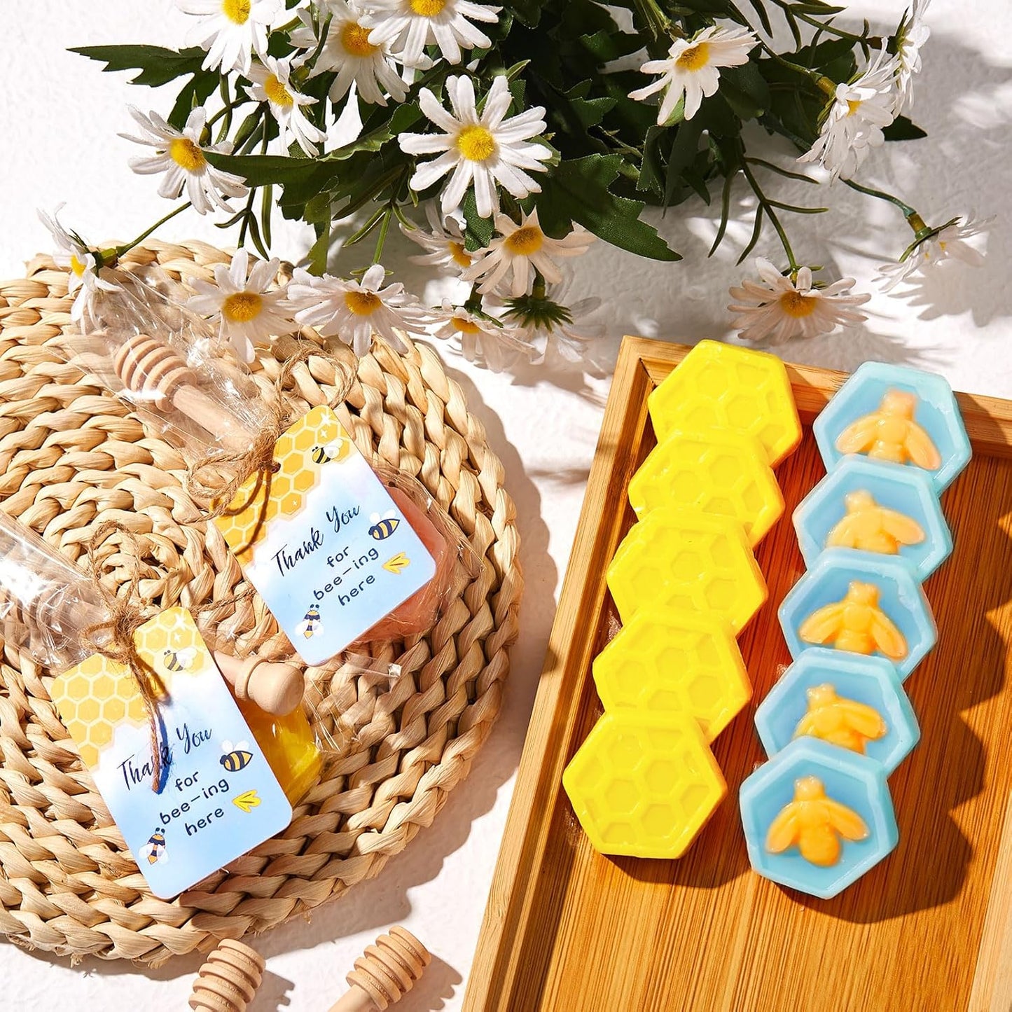 24 Set Baby Shower Favors Bee Party Favors Including Honeycomb Soap with Thank You Card Gift Honey Soap for Guest Gender Reveal Honey Gift Birthday Party Decorations (Blue,Yellow)