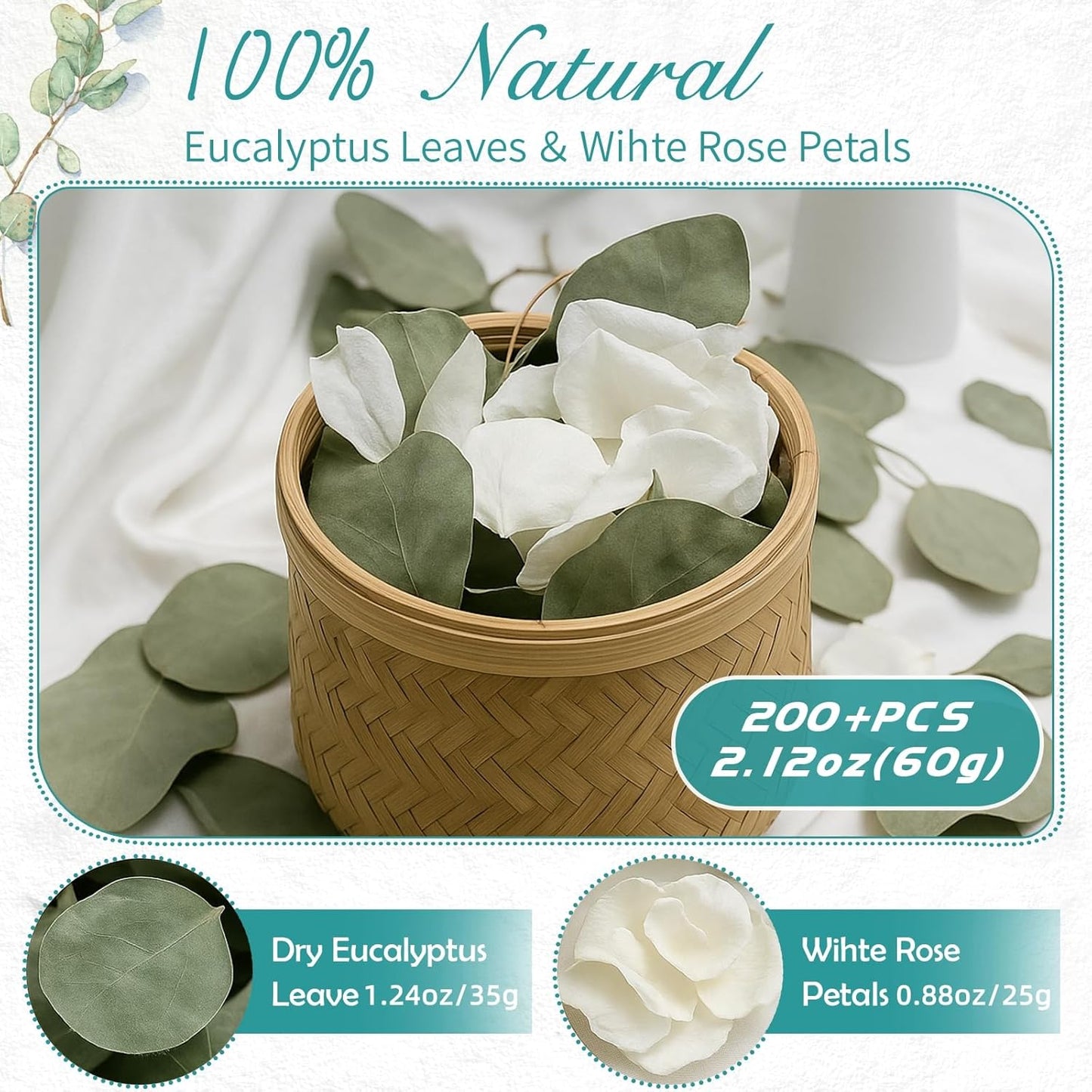 Real White Rose Petals & Natural Eucalyptus Leaves 2.12oz, Freeze Dried Flower Petals Confetti for Wedding Flower Girl, Aisle Table Centerpieces Garden Cake Bridal Shower Decor