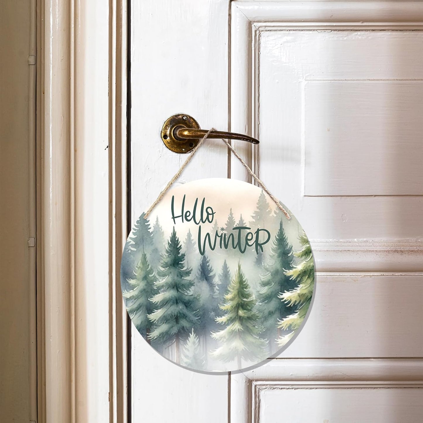 CGBHW Hello Winter Welcome Forest Wooden Sign, Winter Farmhouse Pine Trees Holiday Seasonal Decoration Hanging Sign Wall Decor, Rustic Christmas Wooden Sign for Home Office Nursery Door Decor 12 x 12 Inch