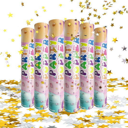 6 Pack Gold Silver Star Confetti Poppers, 12 Inch Confetti Cannon Party Poppers Shooters for Birthday, Wedding, Graduation, Anniversary, Parties, Christmas, New Year's Eve