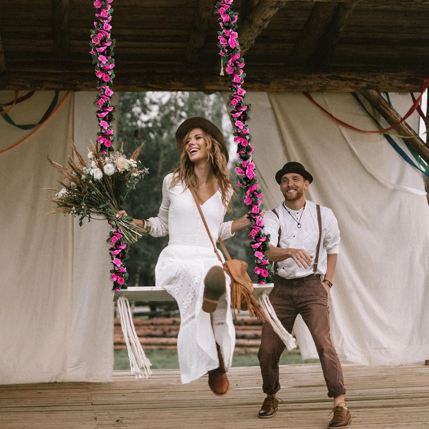 8Pcs 63Ft Fuchsia Rose Garland, Fake Rose Hanging Flowers, Artificial Flower Vine, Hanging Floral Vine Garland for Wedding, Birthday Party, Wall Arch, Halloween, Christmas Garden Backdrop Decor