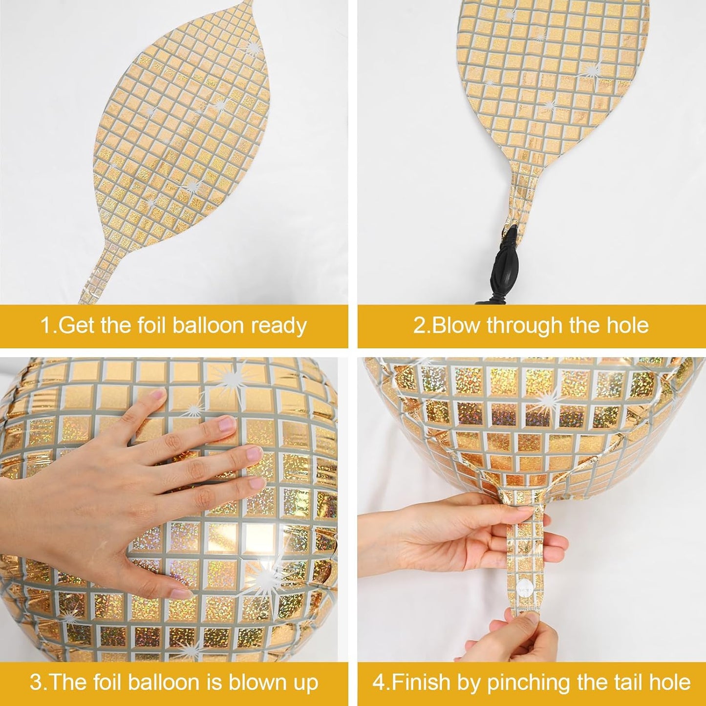 Disco Ball Balloons 4PC,Foil Disco Balloons 22 Inch 4D Round White Gold Balloon for 70s 80s Birthday Bachelorette Graduation Decorations