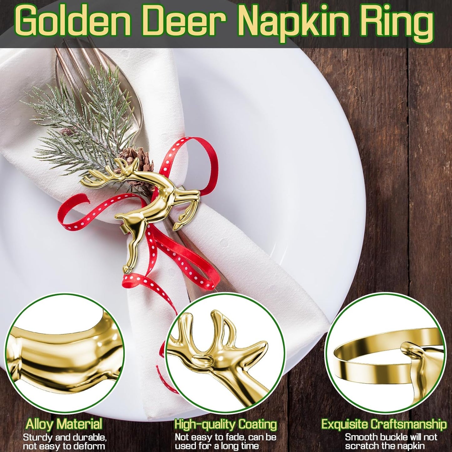 ZeeDix Gold Reindeer Christmas Napkin Rings Set of 12, Napkin Holder Ring for Christmas Dinner Table Decor Cloth Napkins, Wedding Receptions, Holiday Party, Banquet and Home Kitchen