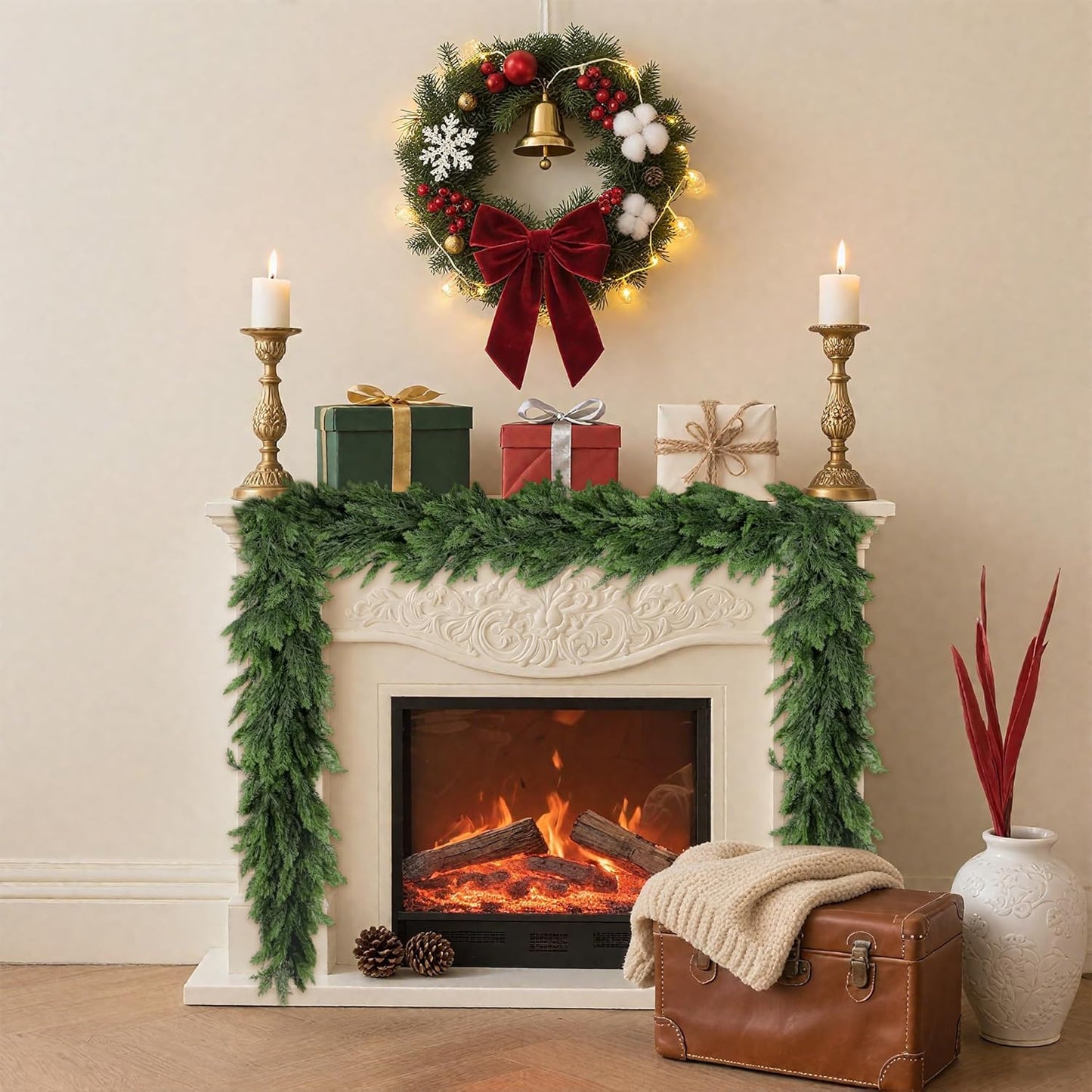 6FT Artificial Christmas Cedar Garland, Realistic Greenery Garlands Soft and Thick Cedar Pine Garland for Mantle Table Fireplace Door Stairs Holiday Christmas Decoration Outdoor Indoor(1pcs)