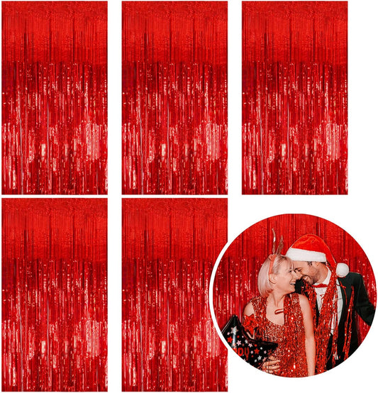 5 Pack Foil Curtain Backdrop Red Metallic Tinsel Foil Fringe Curtains Photo Booth Props for Birthday Wedding Engagement Baby Shower Bachelorette Christmas Holiday Celebration Party Decorations
